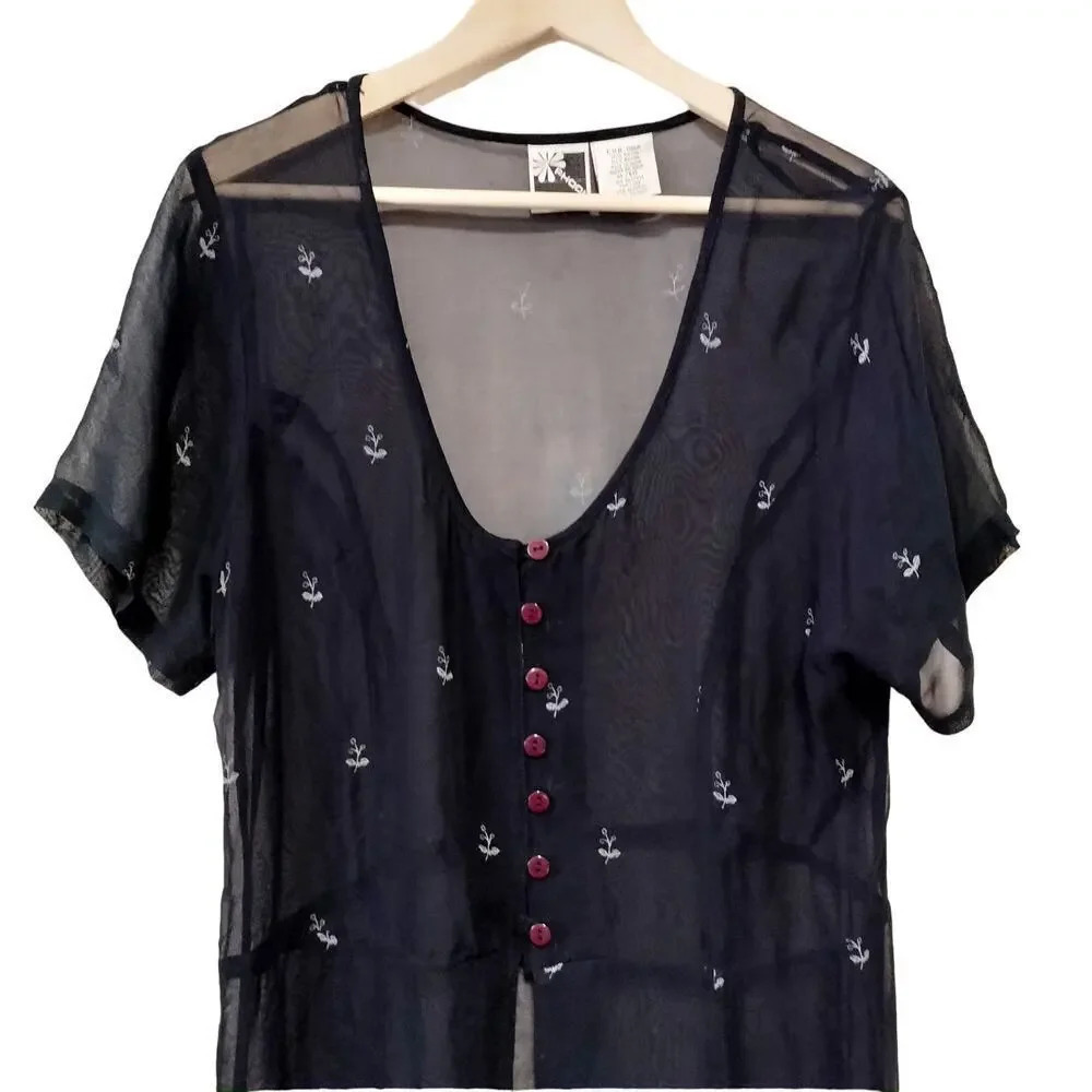 Phool Size XLarge Black Sheer Gray embroidery Maxi Kimono Cover Up Dress